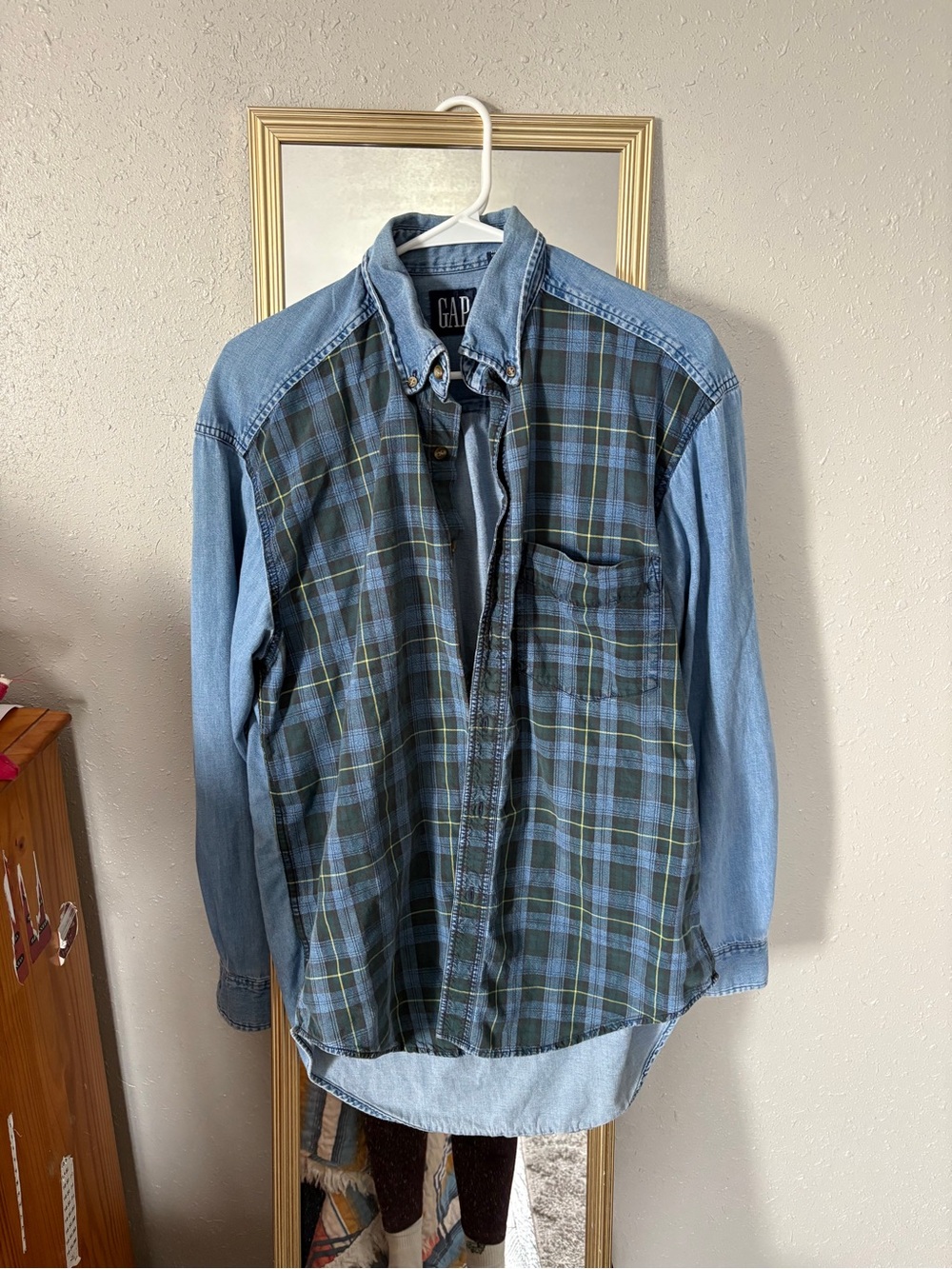 Vintage 90’s Blue Plaid Front Denim Sleeve Jean Jacket